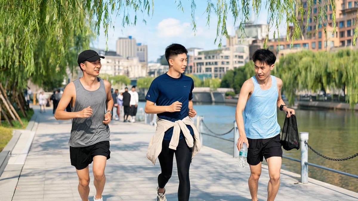 Three runners jogging and picking up litter along the Suzhou Creek waterfront