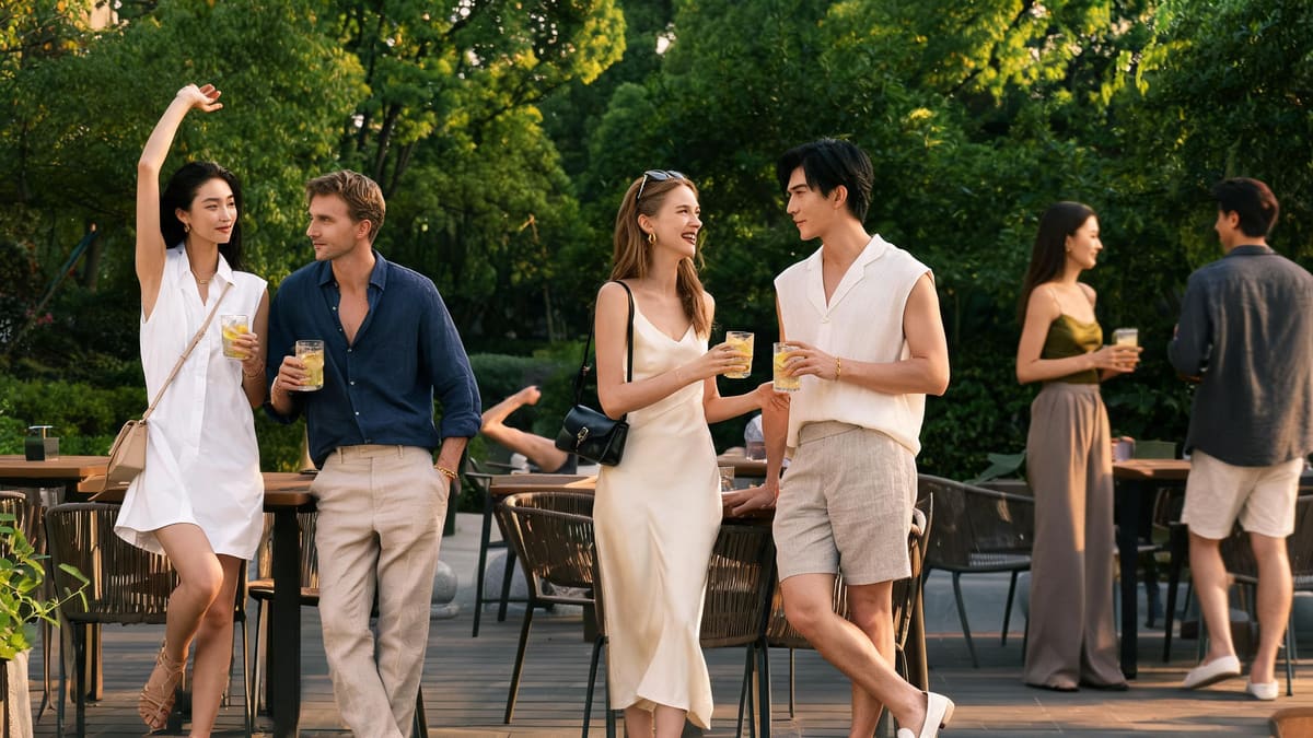 A run club winding down with cold drinks at a Century Park terrace at dusk