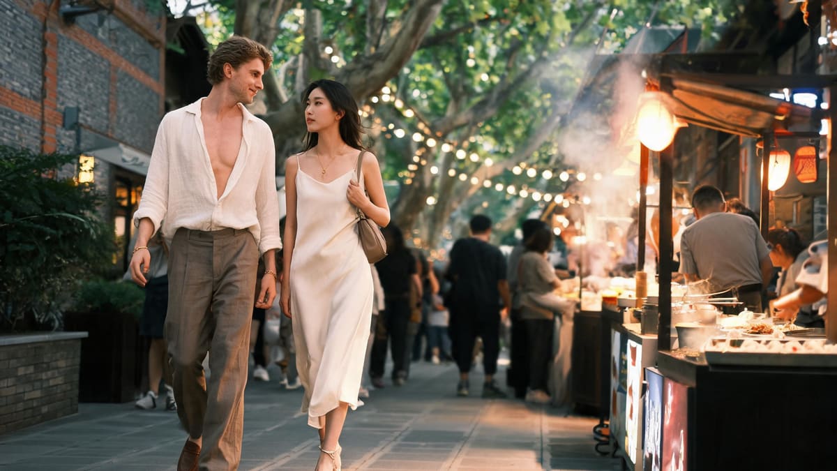 A couple strolling a lit Shanghai street-food lane in the evening, the ordinary safe bustle of the city at night
