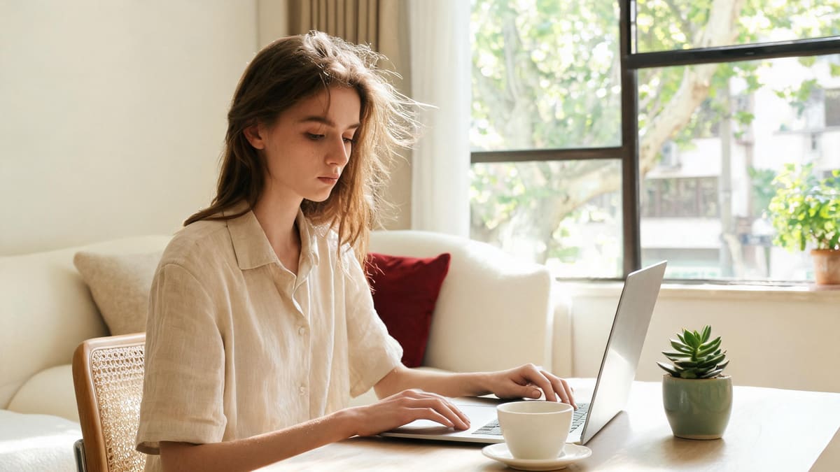 A young woman working on her laptop with a coffee in a bright Shanghai apartment