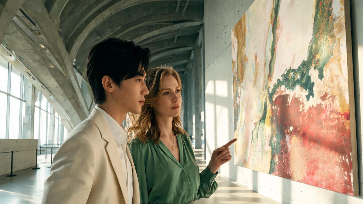 A couple on an art-gallery date inside a concrete museum on Shanghai's West Bund