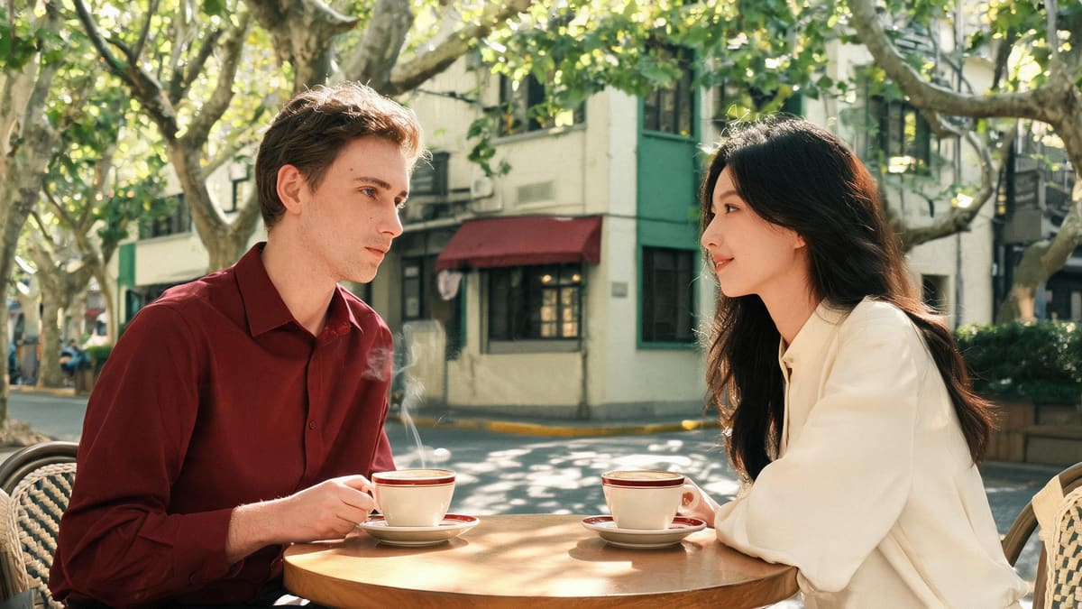 A relaxed first date at a cafe table on a leafy plane-tree street in Xuhui