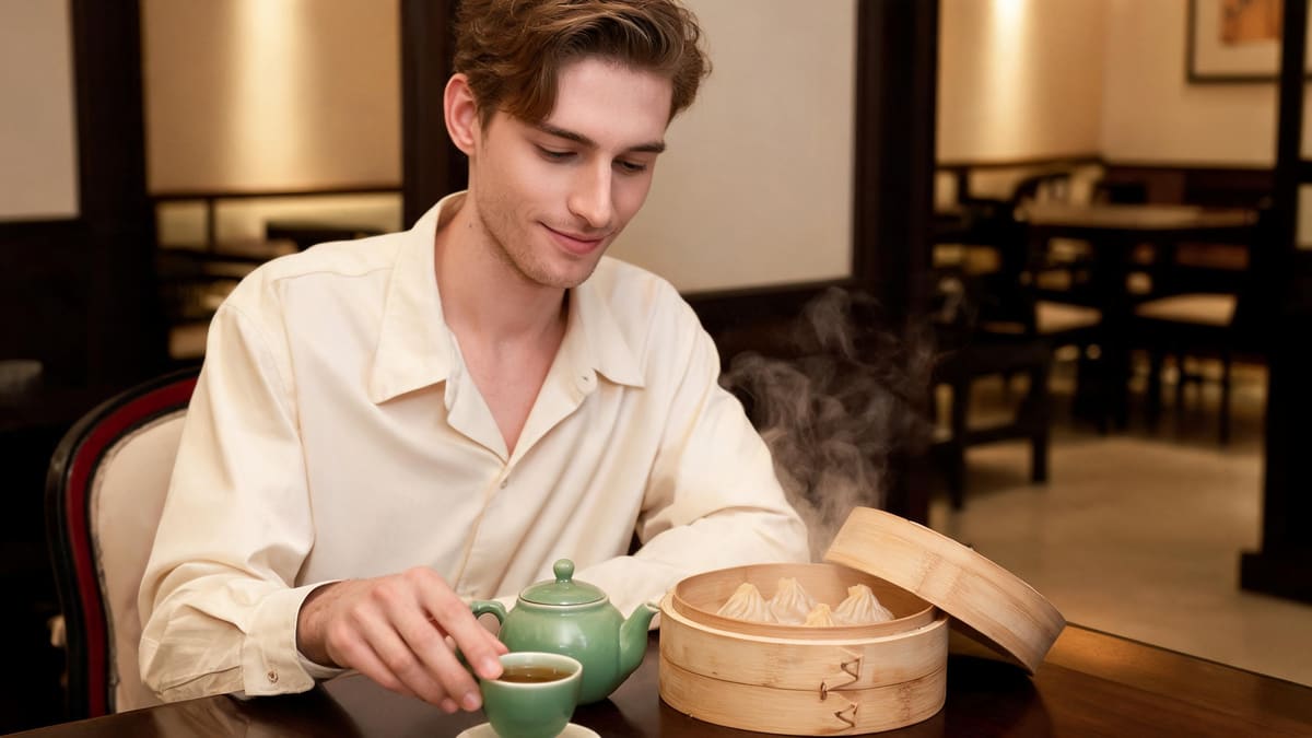 A gentle dim sum lunch in Shanghai, a bamboo steamer of soup dumplings and tea