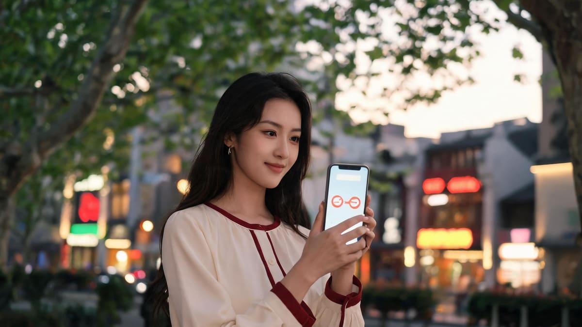 Resident checking an international money transfer app on a Shanghai street at dusk