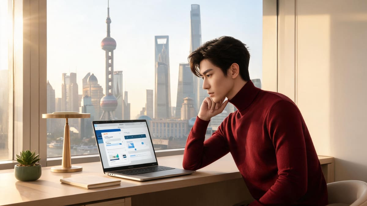 Foreign resident reviewing outbound bank transfer options on a laptop in a Shanghai apartment