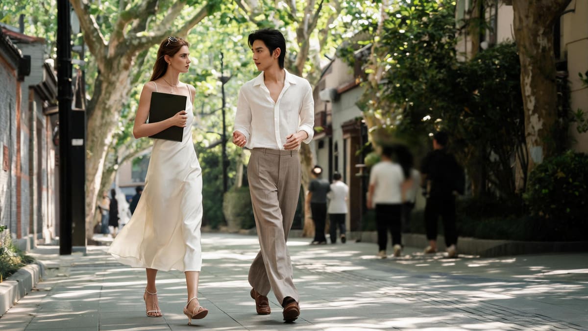 Two colleagues walking and talking on a leafy Shanghai street carrying a folder