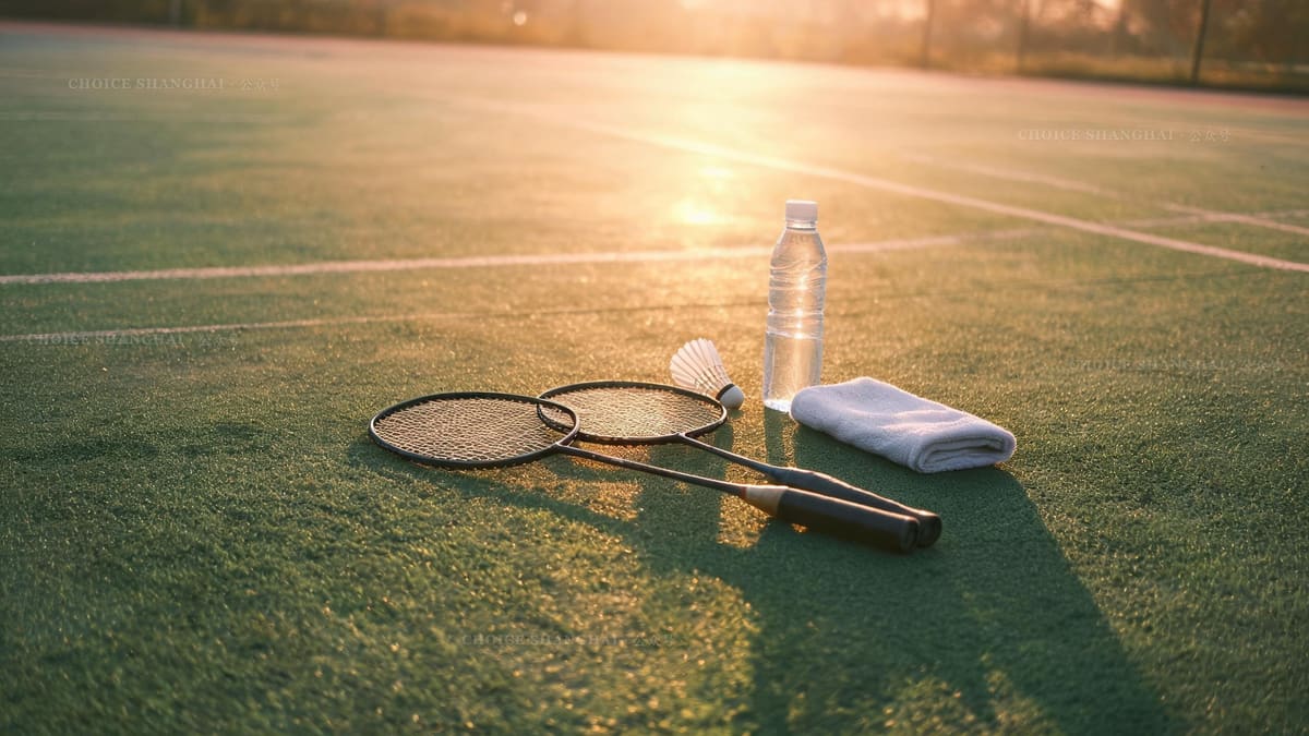 Badminton rackets and a shuttlecock resting on a Shanghai community court at dusk, a shared water bottle nearby, candid and warm