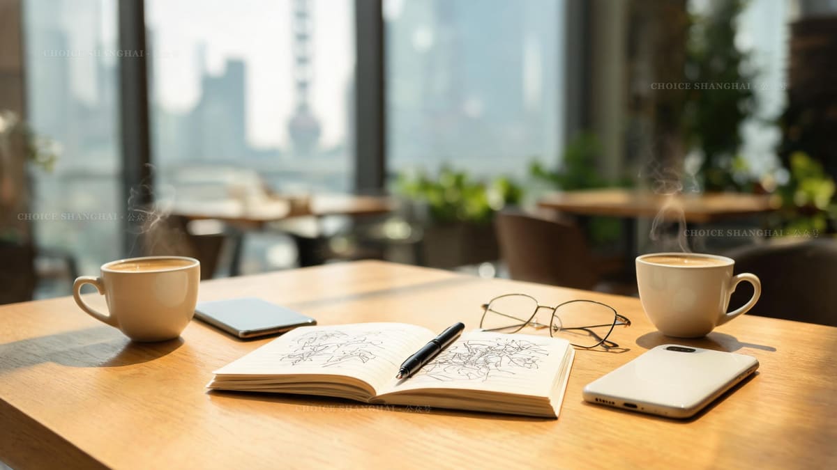 A cafe table language exchange in Shanghai, two coffee cups, an open notebook, two phones and a pen, warm daylight, no people