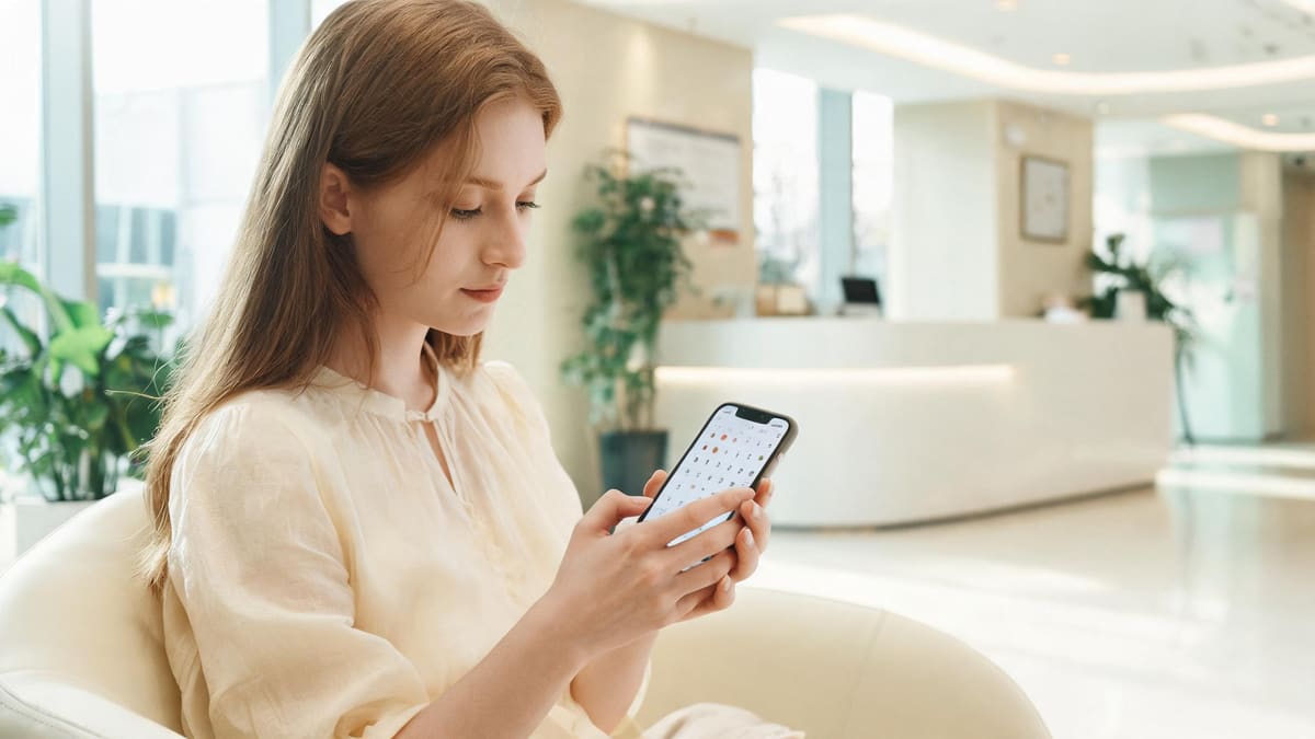 Hands booking a clinic appointment on a health app in a sunny Shanghai hospital lobby