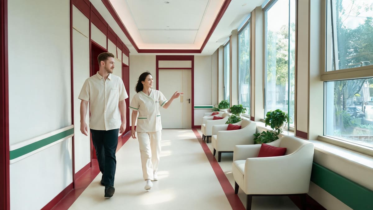 A nurse walking a patient down a calm, sunlit VIP clinic corridor in a Shanghai hospital