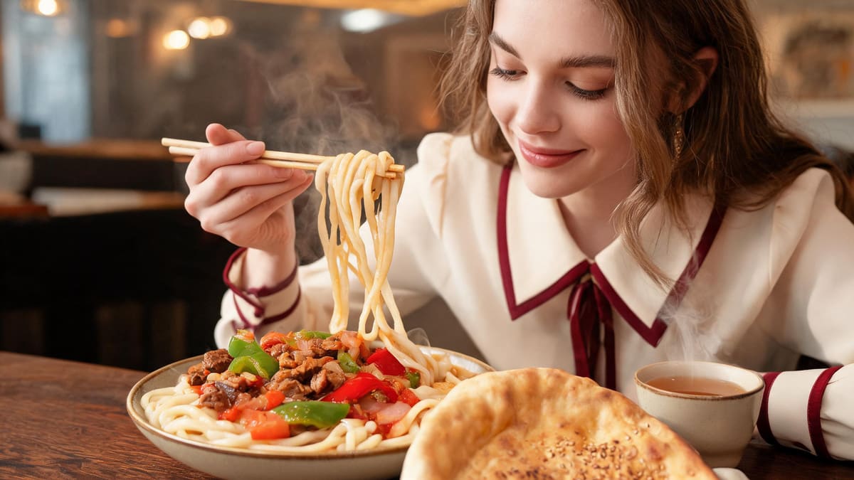 A bowl of Xinjiang hand-pulled laghman noodles with lamb and peppers, with naan and tea