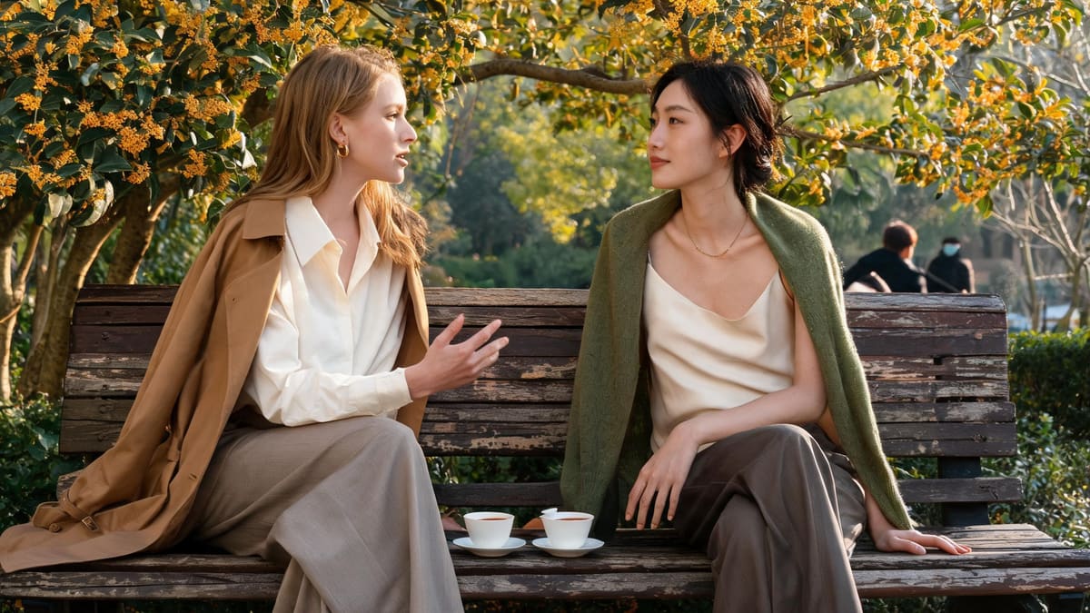 Two friends on a park bench under a blooming sweet-osmanthus tree in a Shanghai autumn, cups of tea between them