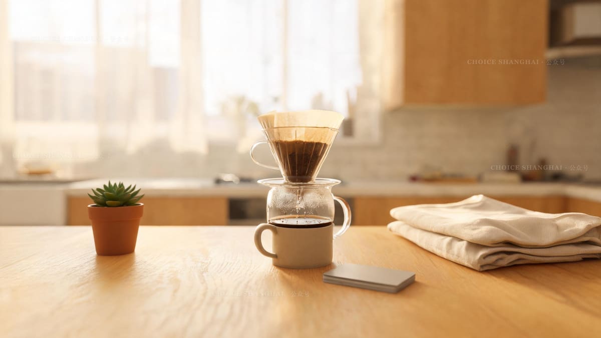 A tidy Shanghai kitchen counter in morning light, a glass pour-over coffee maker mid-drip, a mug, a metro card and a tote bag