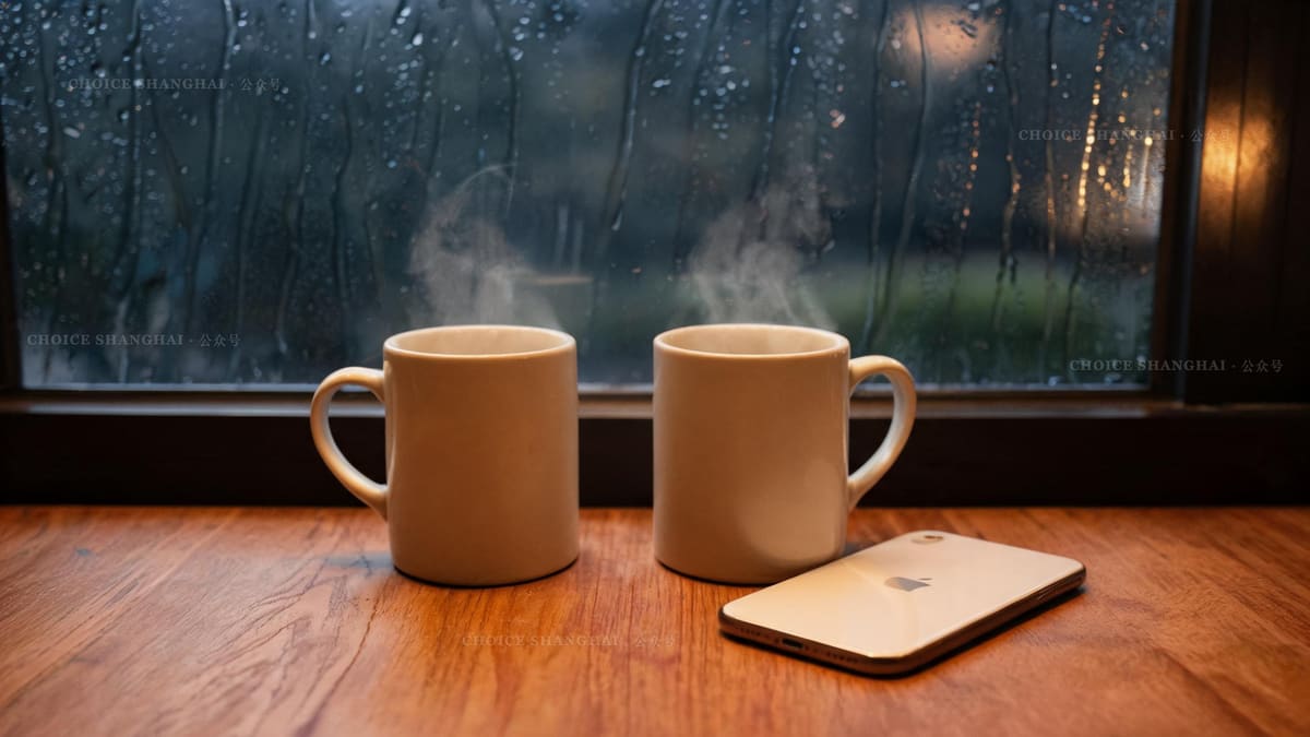 Two ceramic mugs beside a phone lying face down on a wooden table by a rain-streaked window, warm indoor light, a sense of a long-distance call