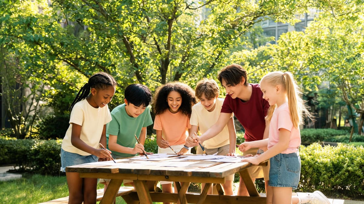 International children at an outdoor Shanghai summer camp painting Mandarin characters with a young counselor on a sunny morning
