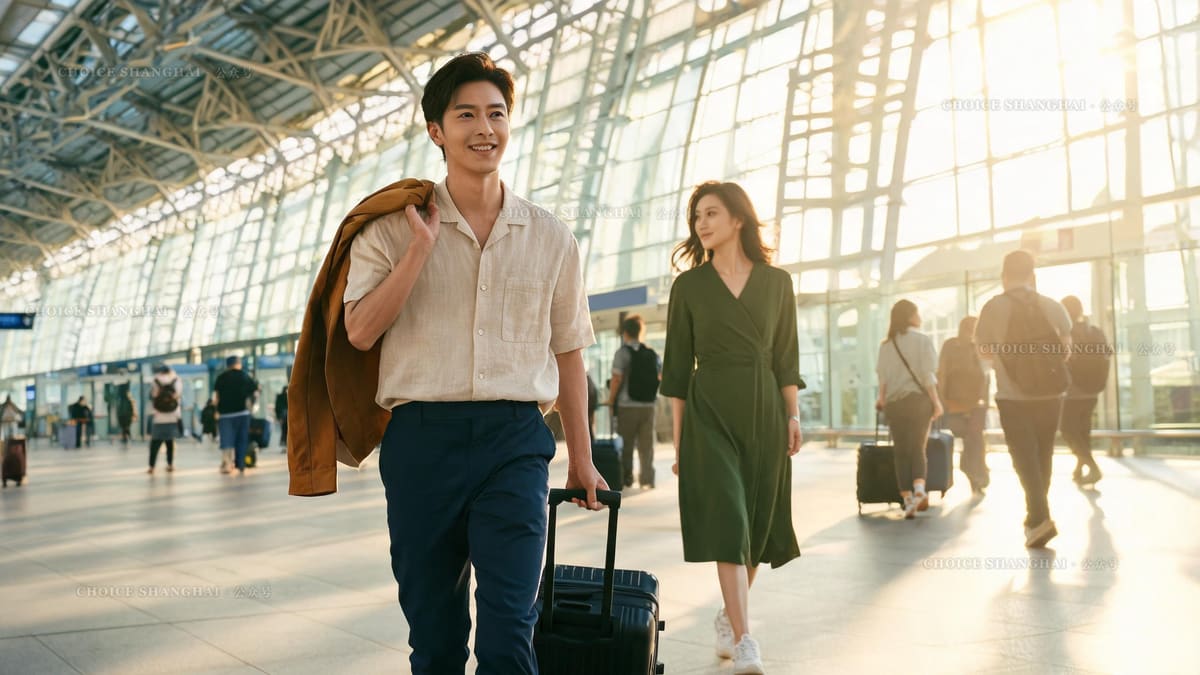 Two travellers wheeling suitcases through a sunlit glass station concourse in the morning, jacket slung over one shoulder