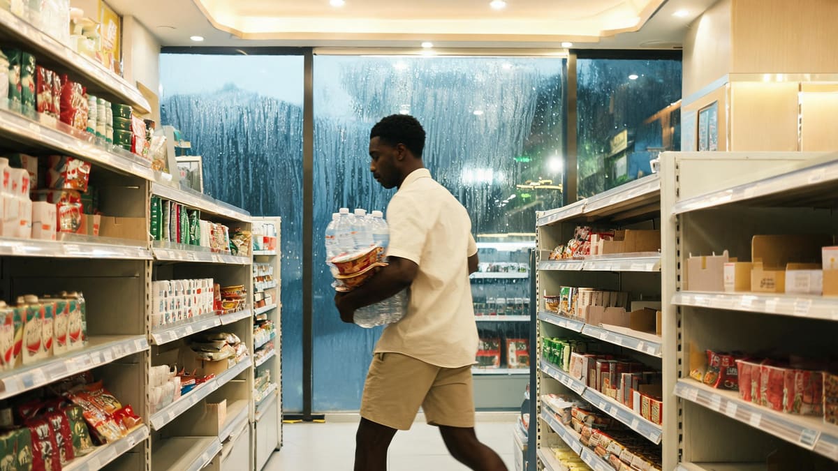 Shopping for water and instant noodles in a Shanghai convenience store before a typhoon