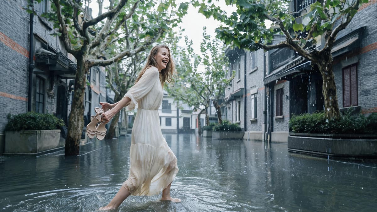 Wading through a flooded Shanghai side street the morning after a typhoon