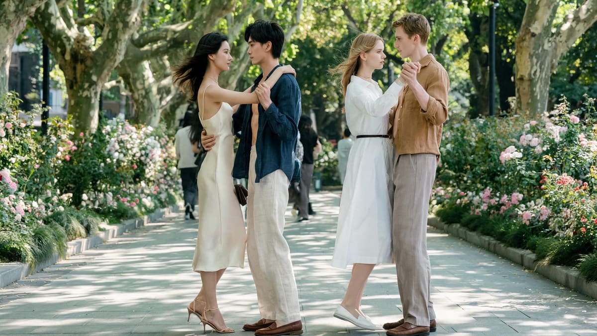 Couples ballroom dancing under tall trees near a formal garden path in a leafy Shanghai park