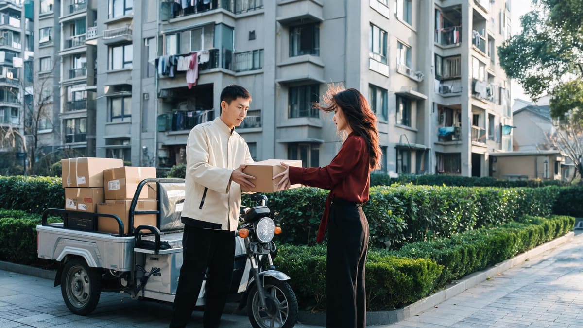 A courier loading cardboard boxes onto an electric delivery tricycle outside a Shanghai apartment block