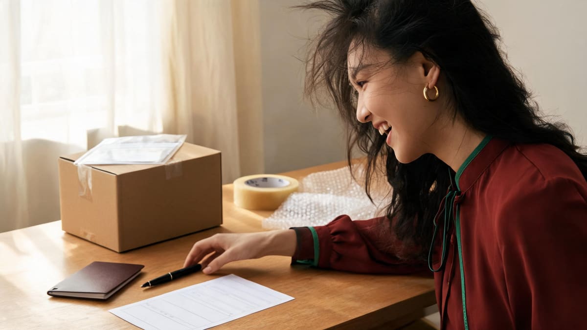 A sealed cardboard shipping box with a document pouch, a passport and a pen on a wooden desk