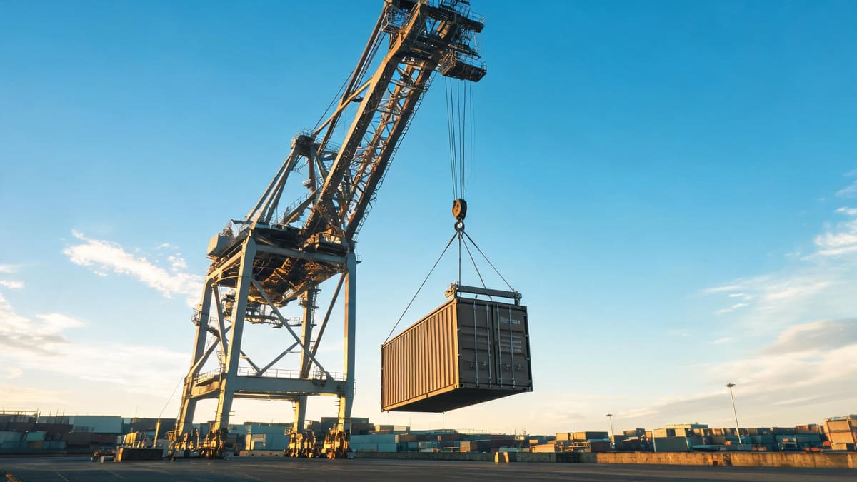 A shipping container being lifted by a crane at a container port