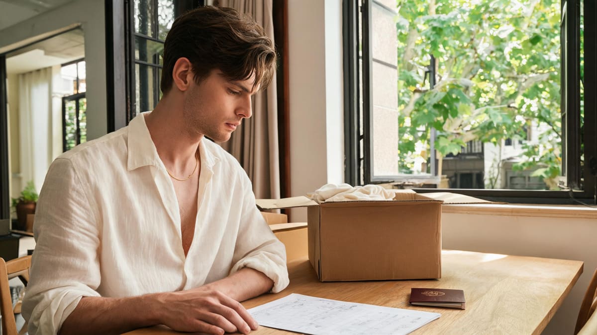 A person reviewing a printed packing inventory beside a moving box and passport