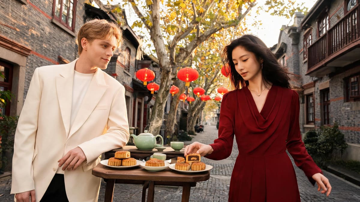 Red lanterns and mooncakes on a Shanghai lane for Mid-Autumn Festival