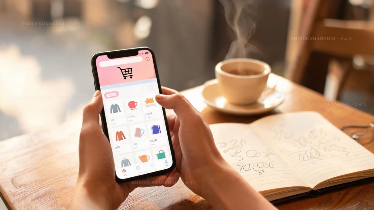 Hands holding a phone showing a shopping-app cart beside tea and a wishlist notebook, planning Singles Day purchases in Shanghai