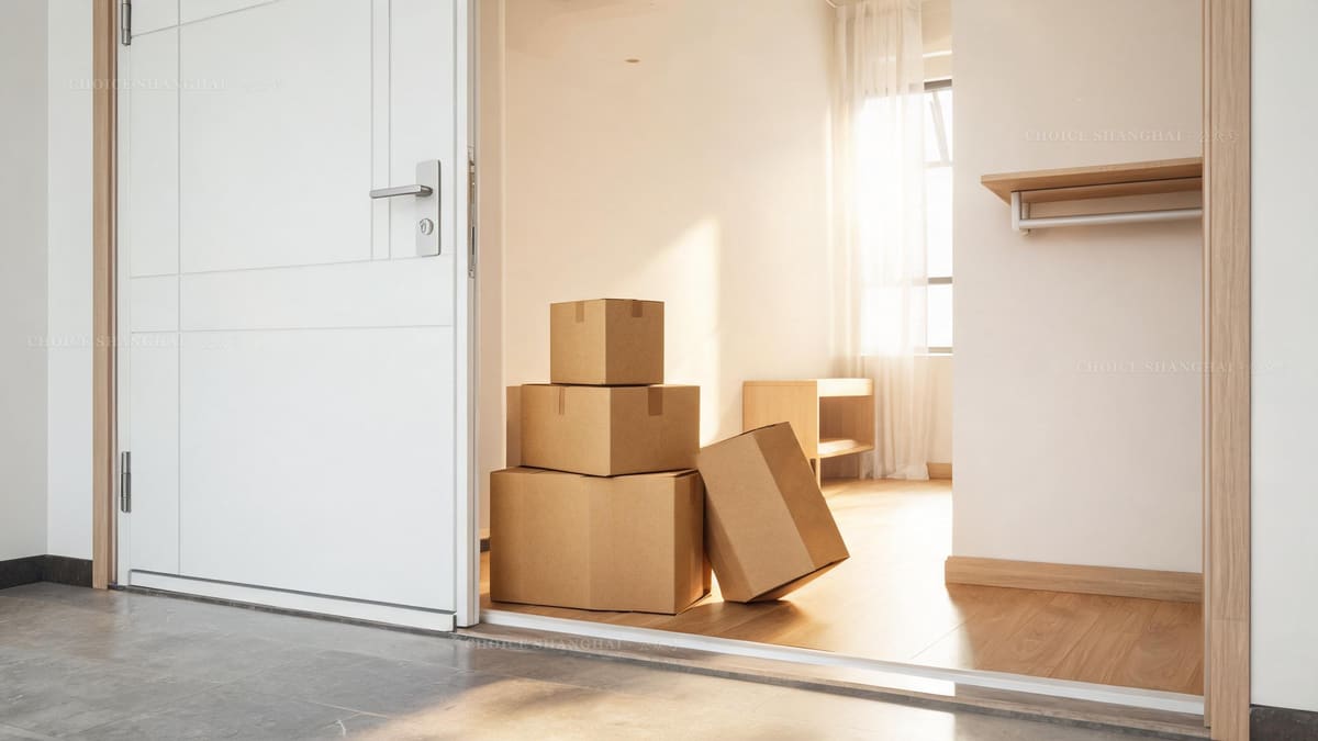 A stack of brown cardboard delivery parcels just inside a Shanghai apartment door during the Singles Day shipping rush