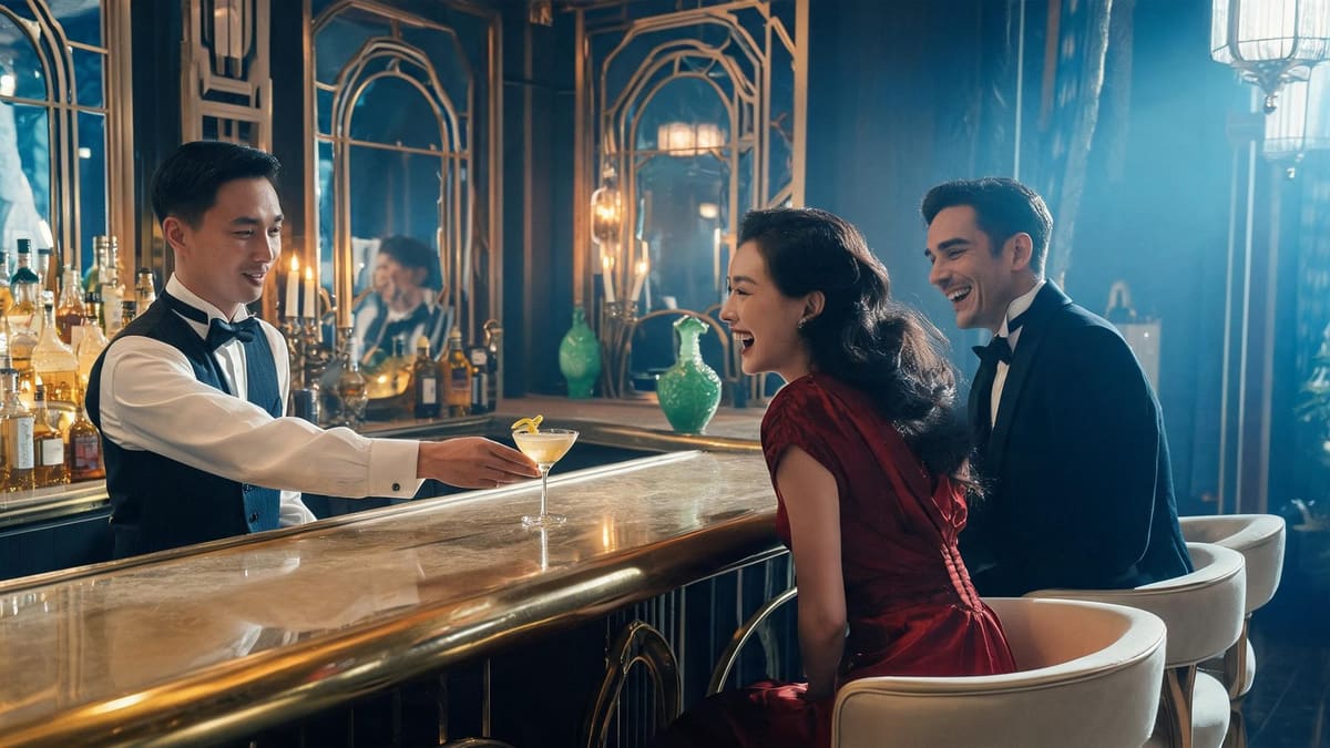 Bartender in a period waistcoat serving cocktails in a 1930s Shanghai jazz age hotel bar with couples in vintage evening wear
