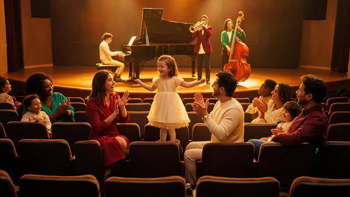 Live jazz band on stage at a children's theatre with young families clapping, Shanghai family concert