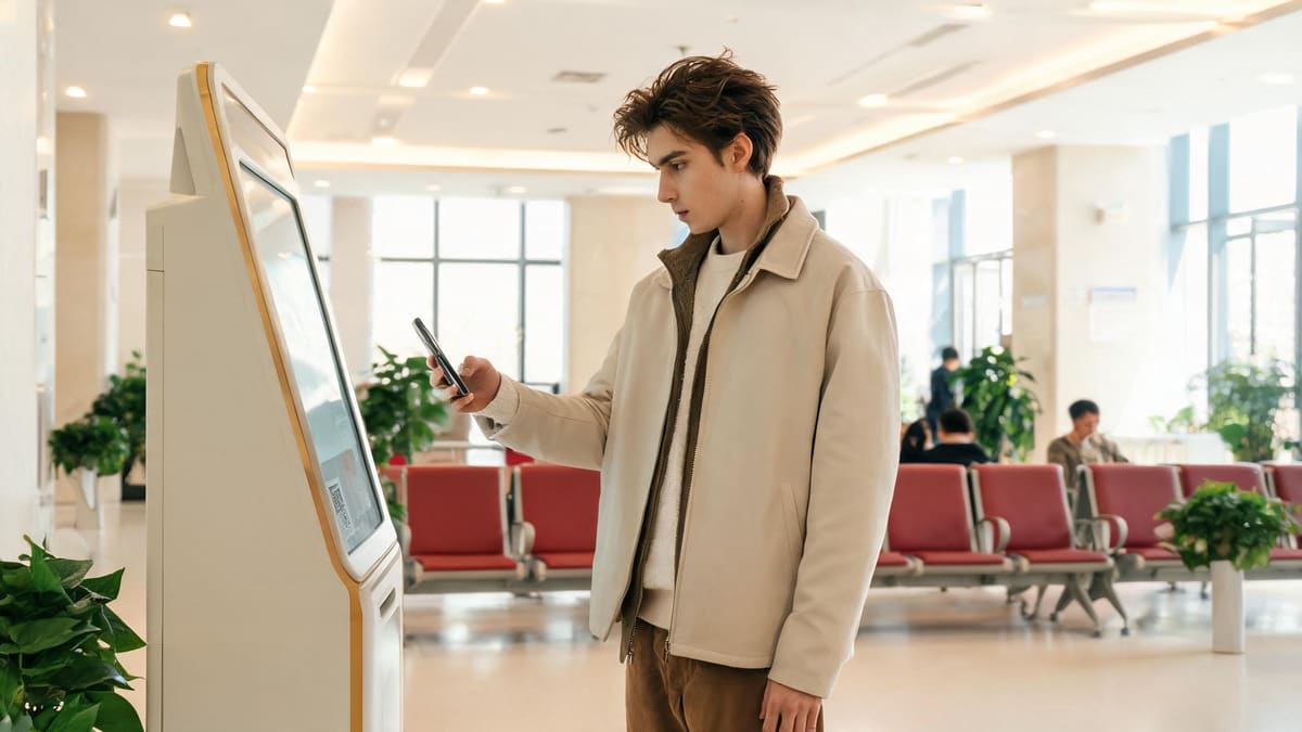 上海の行政サービス端末でQRコードを読み取る男性