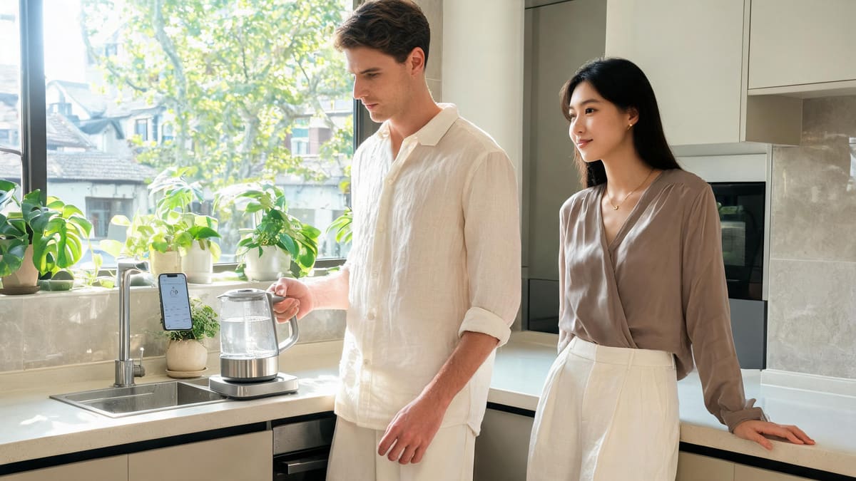 A stylish Shanghai kitchen with a water filter and kettle, a phone showing an air dashboard