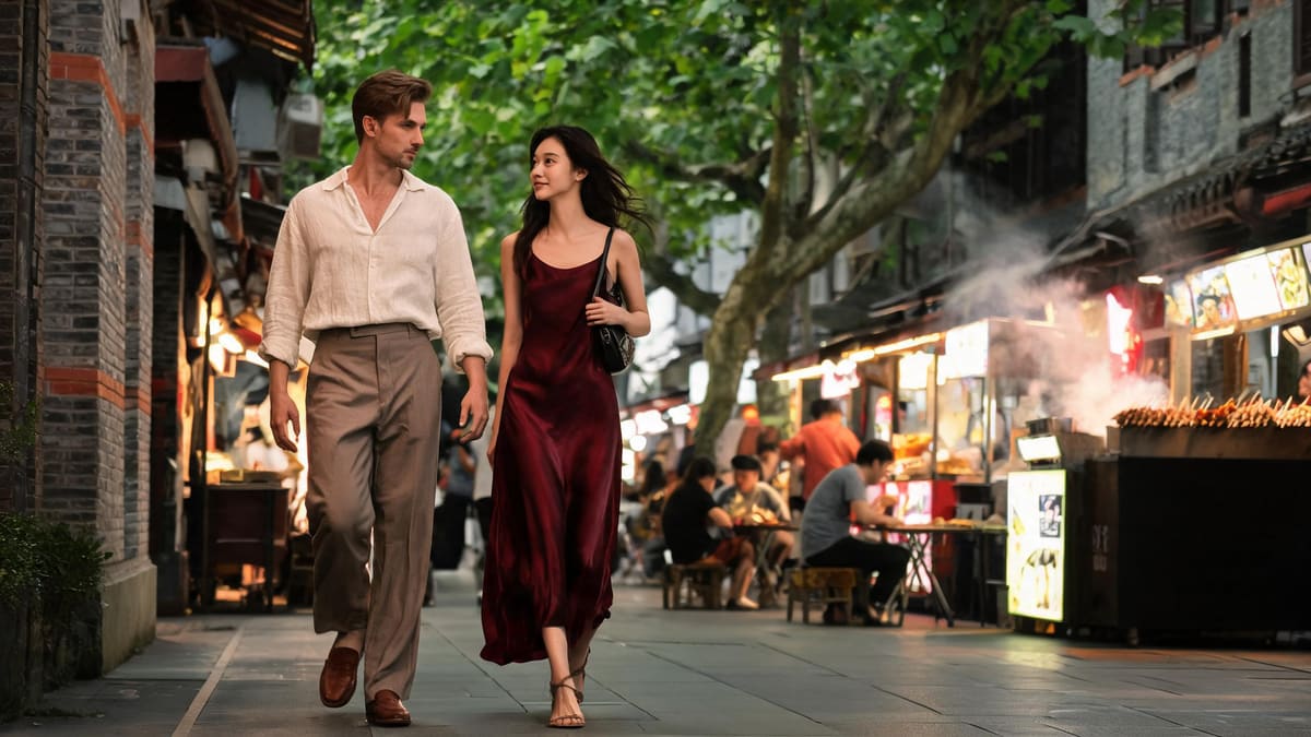 A Shanghai street still busy and glowing at 10pm, late-night food stalls and people out