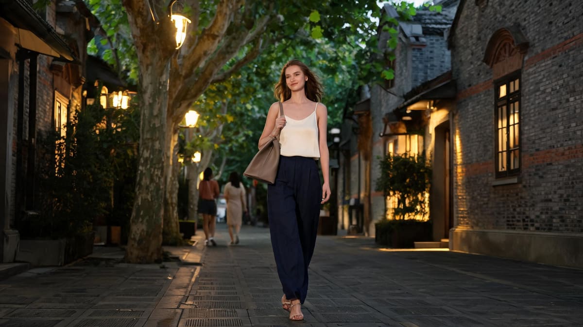 A calm well-lit Shanghai lane at night with someone walking home relaxed