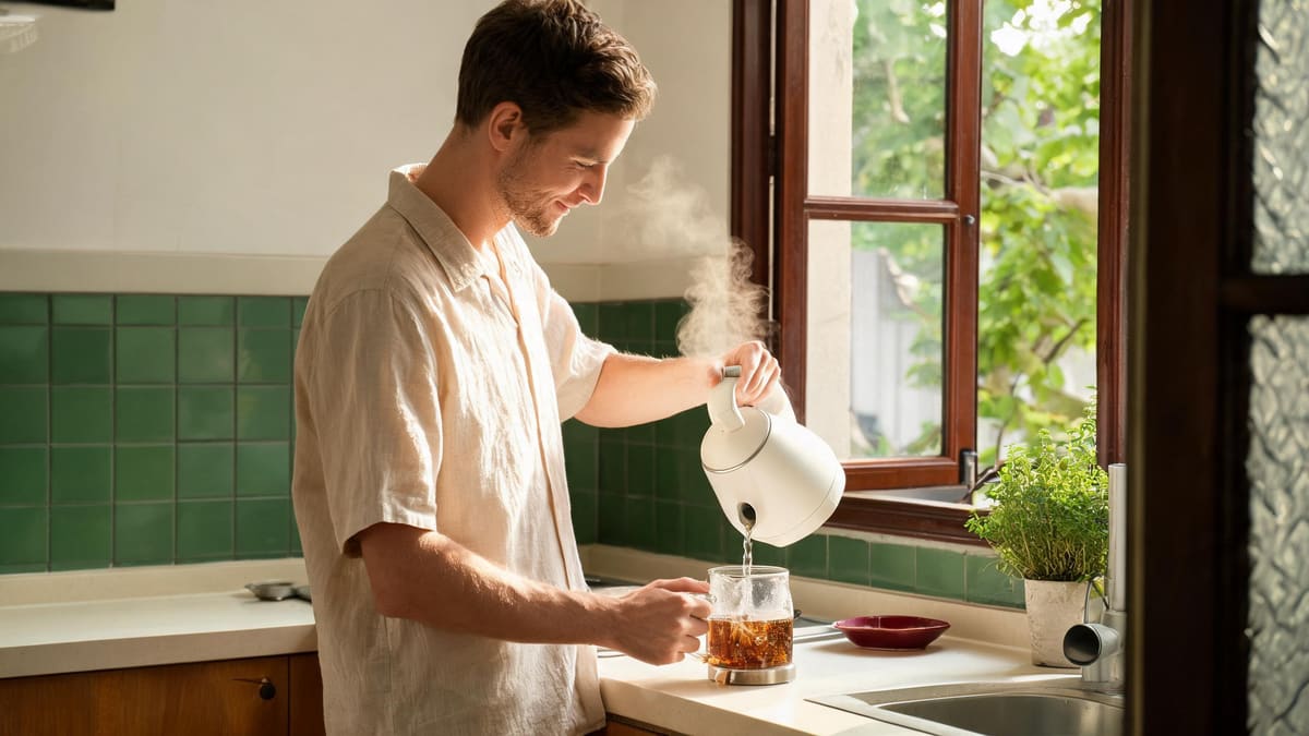 A man pouring just-boiled water from an electric kettle into a glass tea flask in a Shanghai kitchen