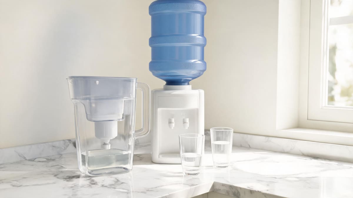 A clear water filter pitcher beside a blue five-gallon water cooler and glasses of water on a marble counter
