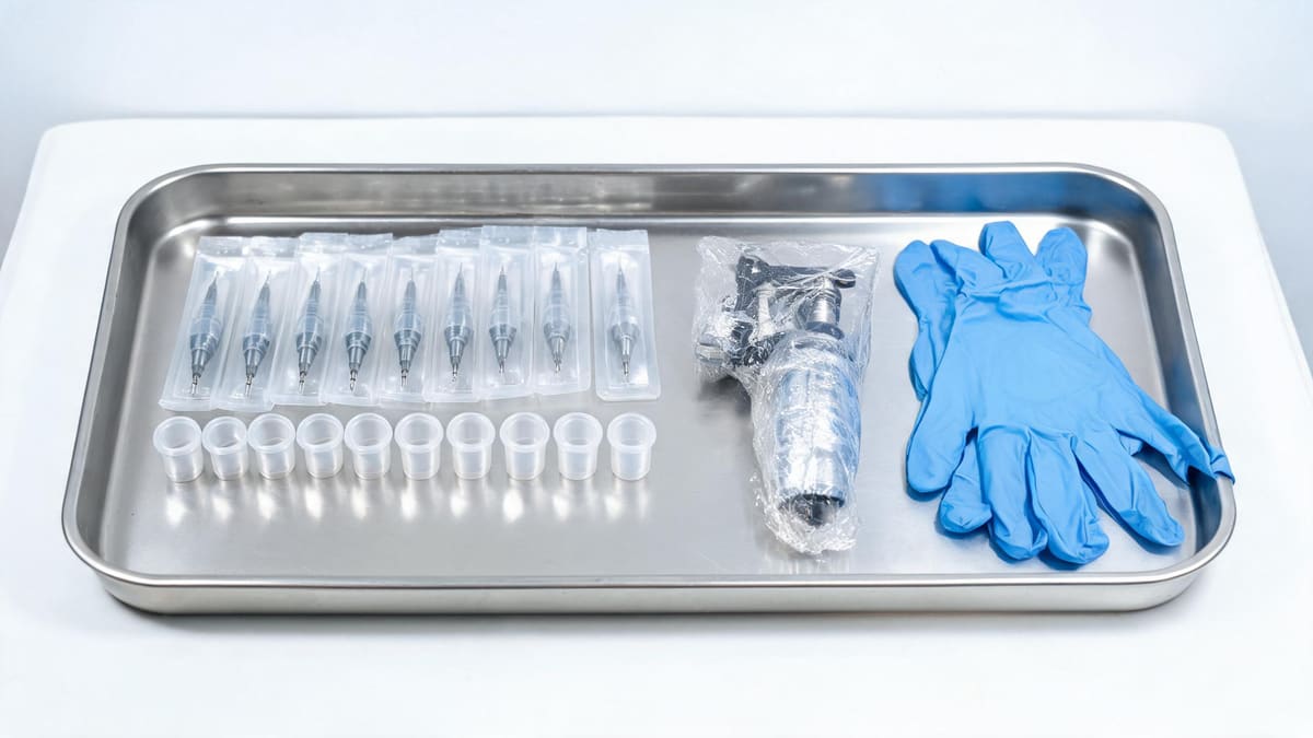 A clean tattoo workstation with sealed single-use needles, ink caps and gloves on a sterile tray