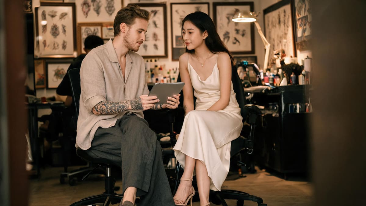 The interior mood of a stylish Shanghai tattoo studio with flash art on the walls