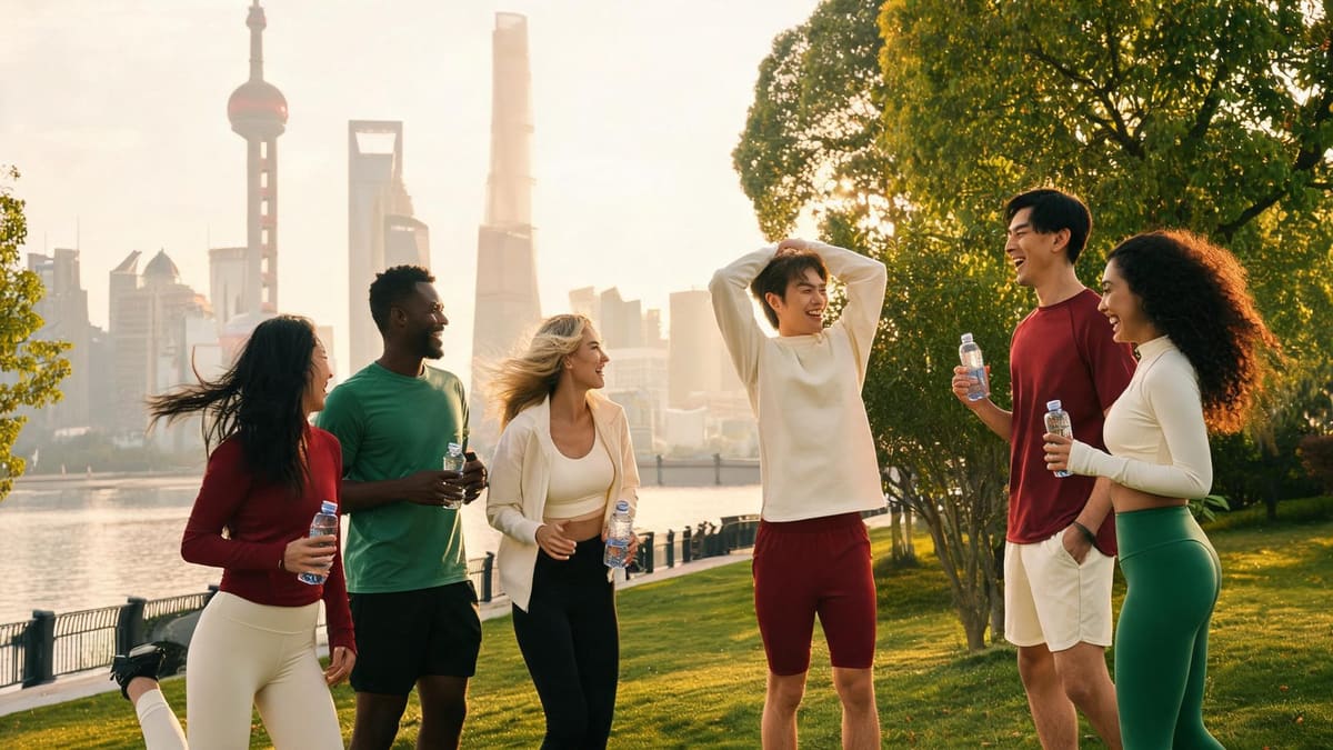 Social run club gathering in a Shanghai park at golden hour