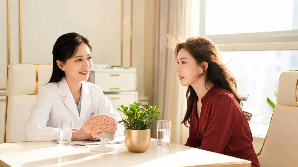 上海の国際病院で診察を受ける女性と医師