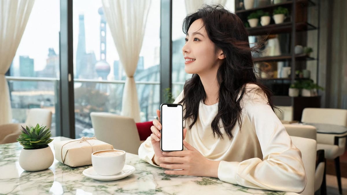 上海のカフェで、コーヒーを片手にスマホで中古出品のチャットを確認しているところ