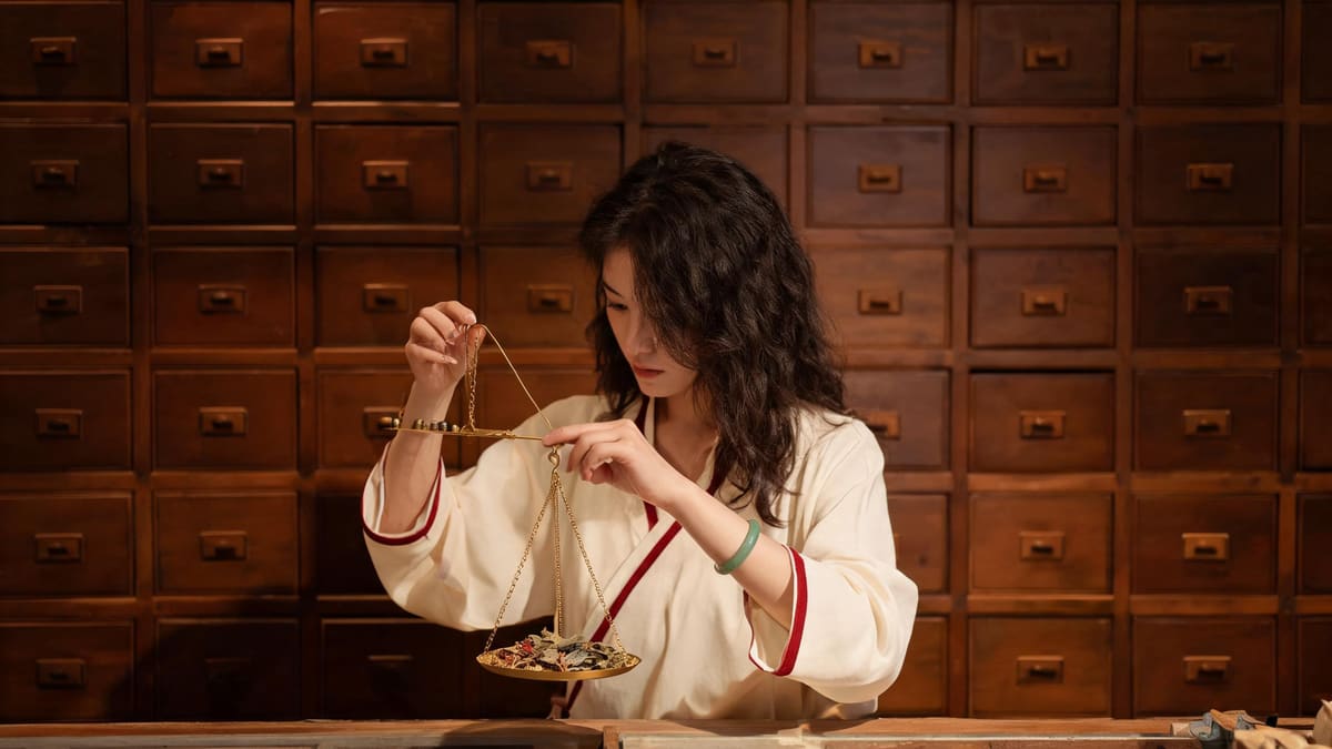 上海のクリニックで、木製の生薬引き出しの壁の前で乾燥生薬を量る漢方薬剤師