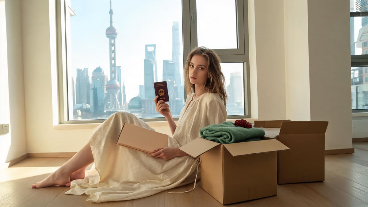 A newly arrived expat sitting among moving boxes in a bright Shanghai apartment holding her passport