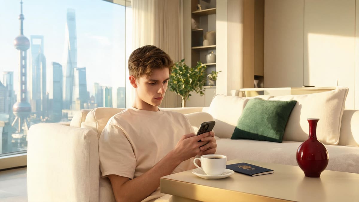 A young man filling in Shanghai's online residence registration form on his smartphone at home