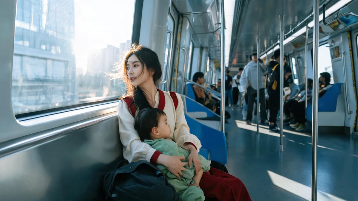 A family with a small child riding the Shanghai metro on a sunny morning