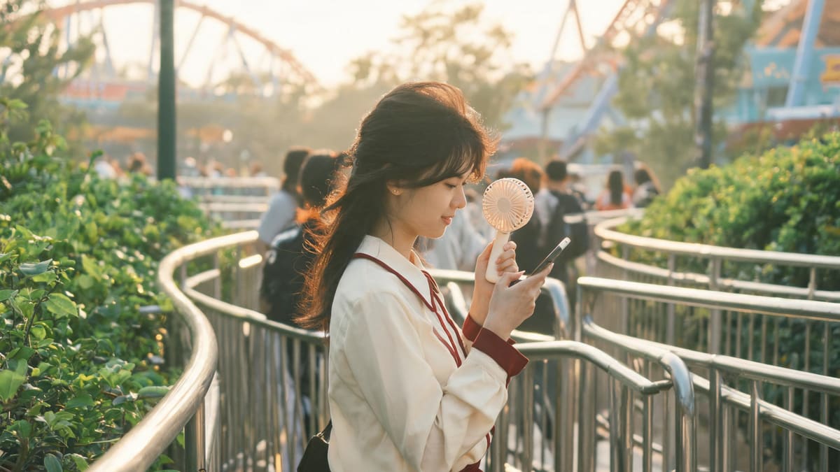 A woman waiting in an outdoor queue lane at an amusement park on a hot afternoon, checking her phone