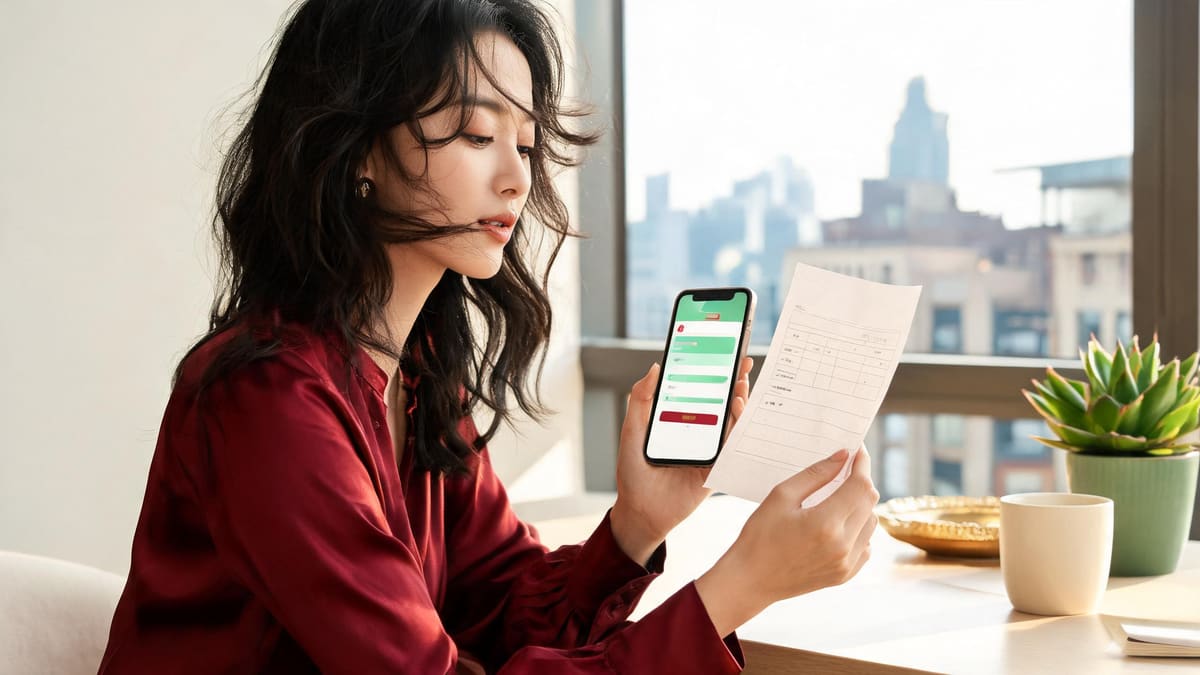 中国の紙の電気料金請求書を手に持ち、その横に支払いアプリを開いたスマートフォンが置かれている