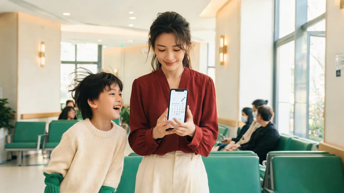 上海の地域の保健センターで、子ども連れでワクチン予約アプリを使う保護者